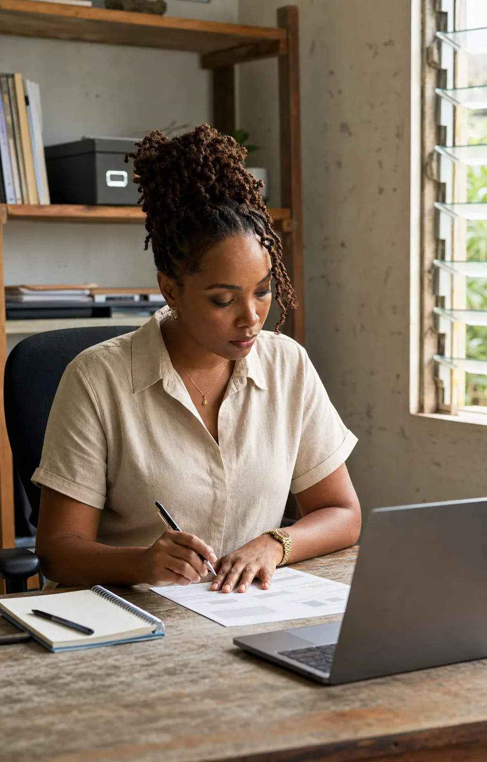 An entrepreneur reviewing her business notes beside a louvred window